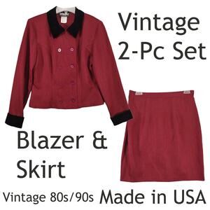 Vtg Brioche California Sz 9/10 Burgundy Blazer Skirt 2pc Suit Set Velvet Collar